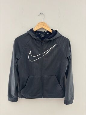 Nike Dri-FIT Youth Large Black Full Zip Hoodie Oversized Swoosh Athletic Jacket